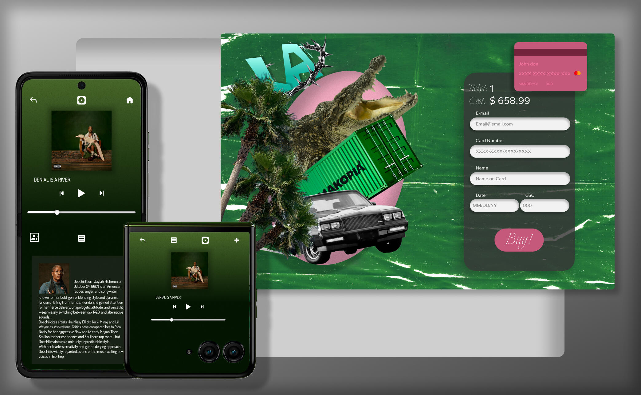 O site é um protótipo para um evento de música com 3 artistas predominantes, incorporando símbolos e imagens relacionadas a eles. Também trabalhei a área de pagamento para o ticket. O aplicativo de música, seria com foco em telefones dobráveis